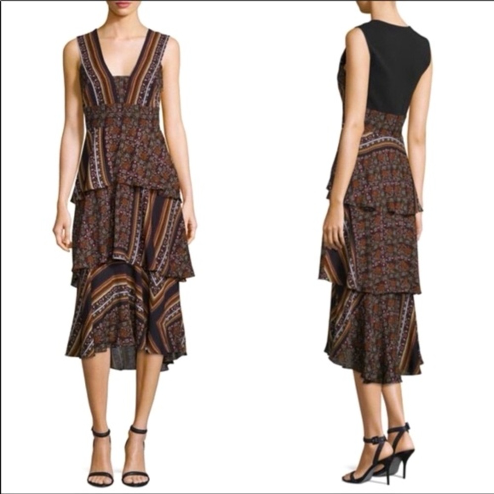 A.L.C. Hayley Scarf-Print Tiered Silk Midi Dress Boho Vacation Spring Size 2. - Picture 3 of 9